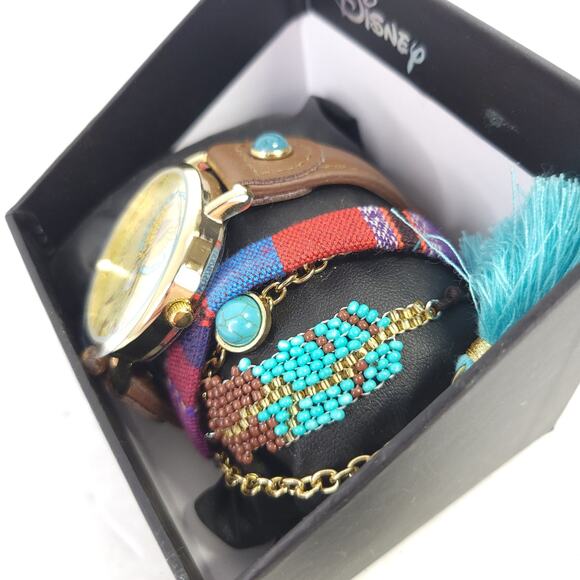 Disney NEW Pocahontas Brown Leather Watch Bracelet Set Beaded Tassel Teal - Picture 3 of 8